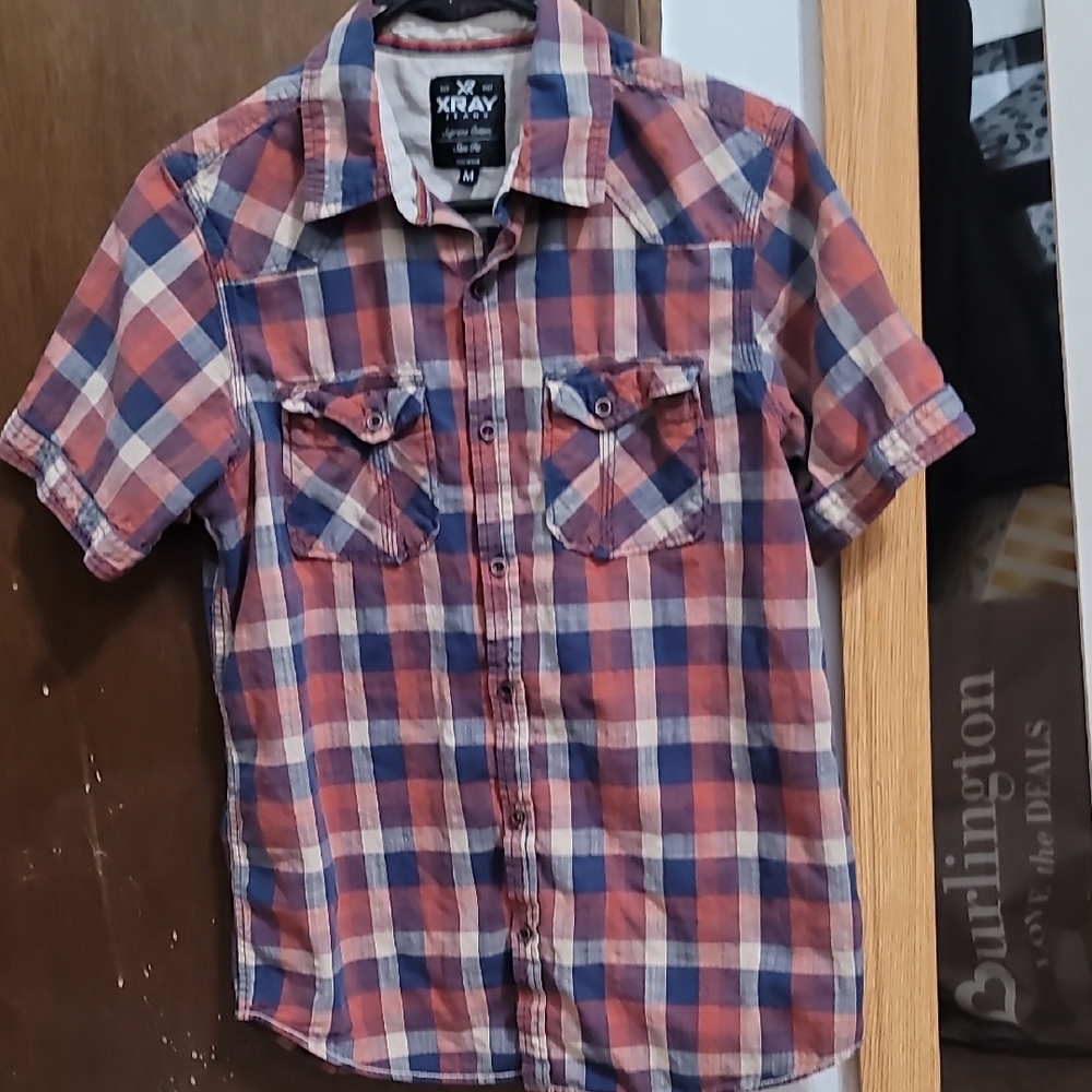Xray Jeans Boy's Short-Sleeve Plaid Shirt - Red & Blue M Slim Fit